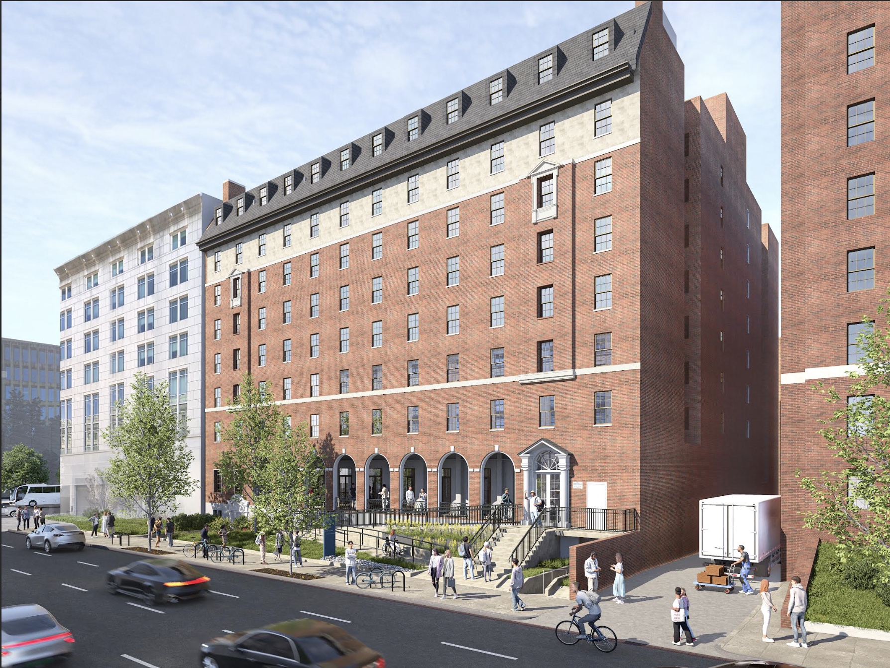 Image of the exterior of Mitchell Hall, a brick building with archways. 