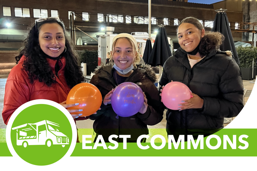 east commons students at an event with a graphic of a food truck in the bottom left corner